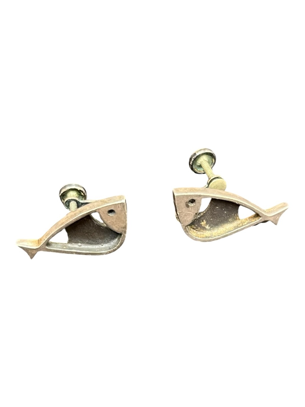 Vintage Modernist Fish Earrings Sterling Screw Back